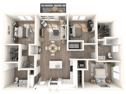 A 3D floor plan of a house showing a kitchen, living room, and bedrooms.